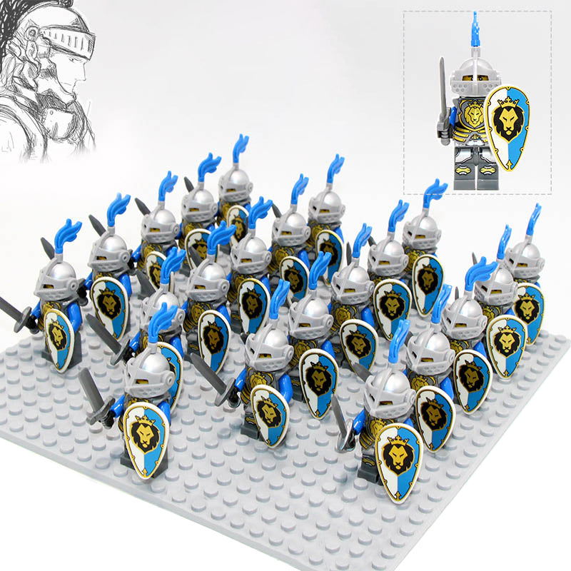 Medieval Castle Kingdoms Blue Lion Knight Soldiers Custom Brick Compatible Minifigure Set 21Pcs