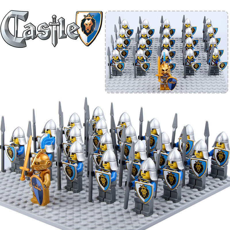 Medieval Castle Blue Lion Knights Spearmen Custom Brick Compatible Minifigure Set 21Pcs