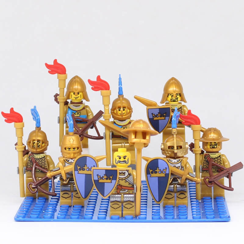 Medieval Castle Crown Knights Golden Kingdom Soldiers Custom Brick Compatible Minifigure Set 8Pcs