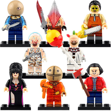 Jack Torrance Chainsaw Killer Jason Voorhees Sam Elvira Twisty the Clown Pyramid Head Nurse Horror Movie Custom Brick Based Minifigure Toy